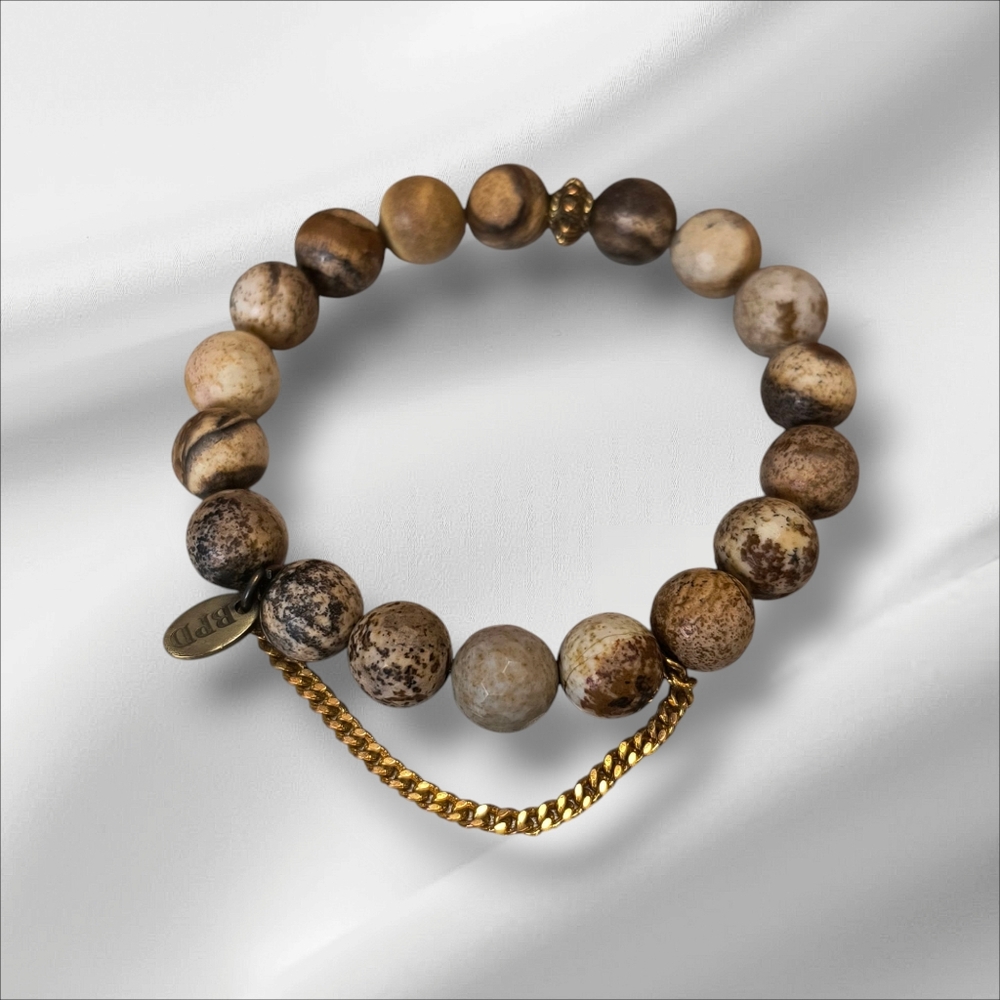 Betsy Pittard Designed  Stretch Brown Beaded Bracelet with Gold Chain Accent